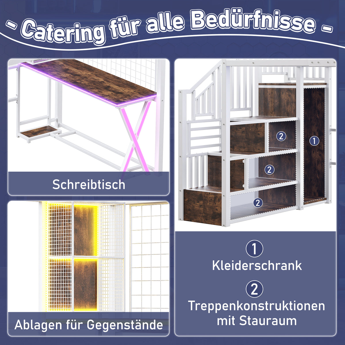 Loft Bed 140x200cm with Desk, Wardrobe & LED Lights, White