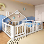 Children's Flatbed with House Rail and Locking Railing, 140x190 cm, White Pine Wood