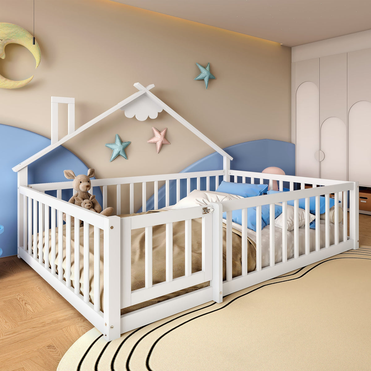 Children's Flatbed with House Rail and Locking Railing, 140x190 cm, White Pine Wood