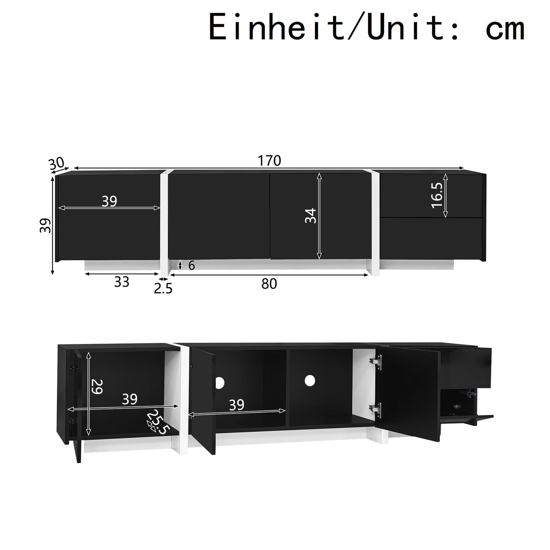 TV Stand Low Cabinet with LED Light Strip, Black/White