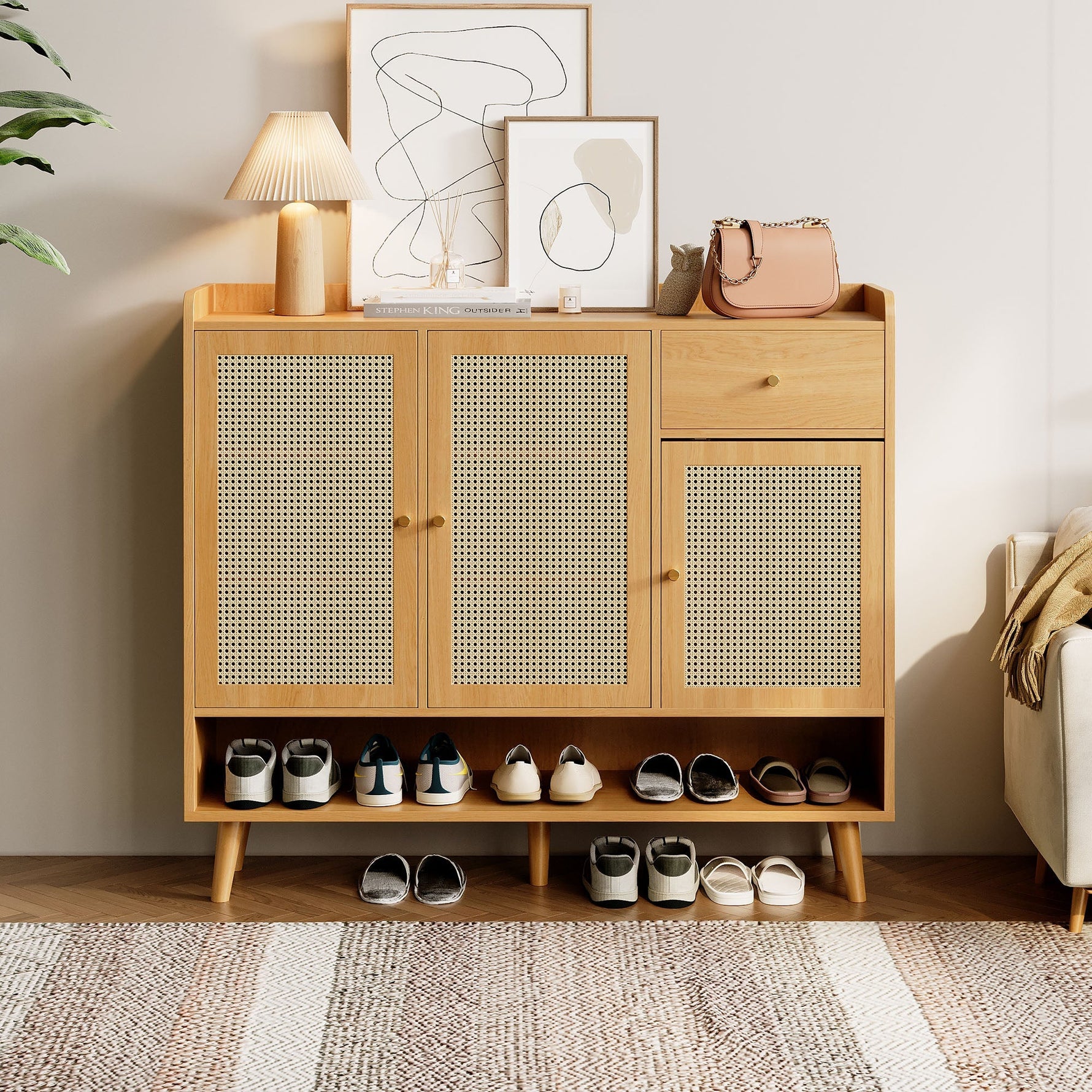 Natural rattan shoe cabinet, 3 doors, 1 drawer, 5 shelves
