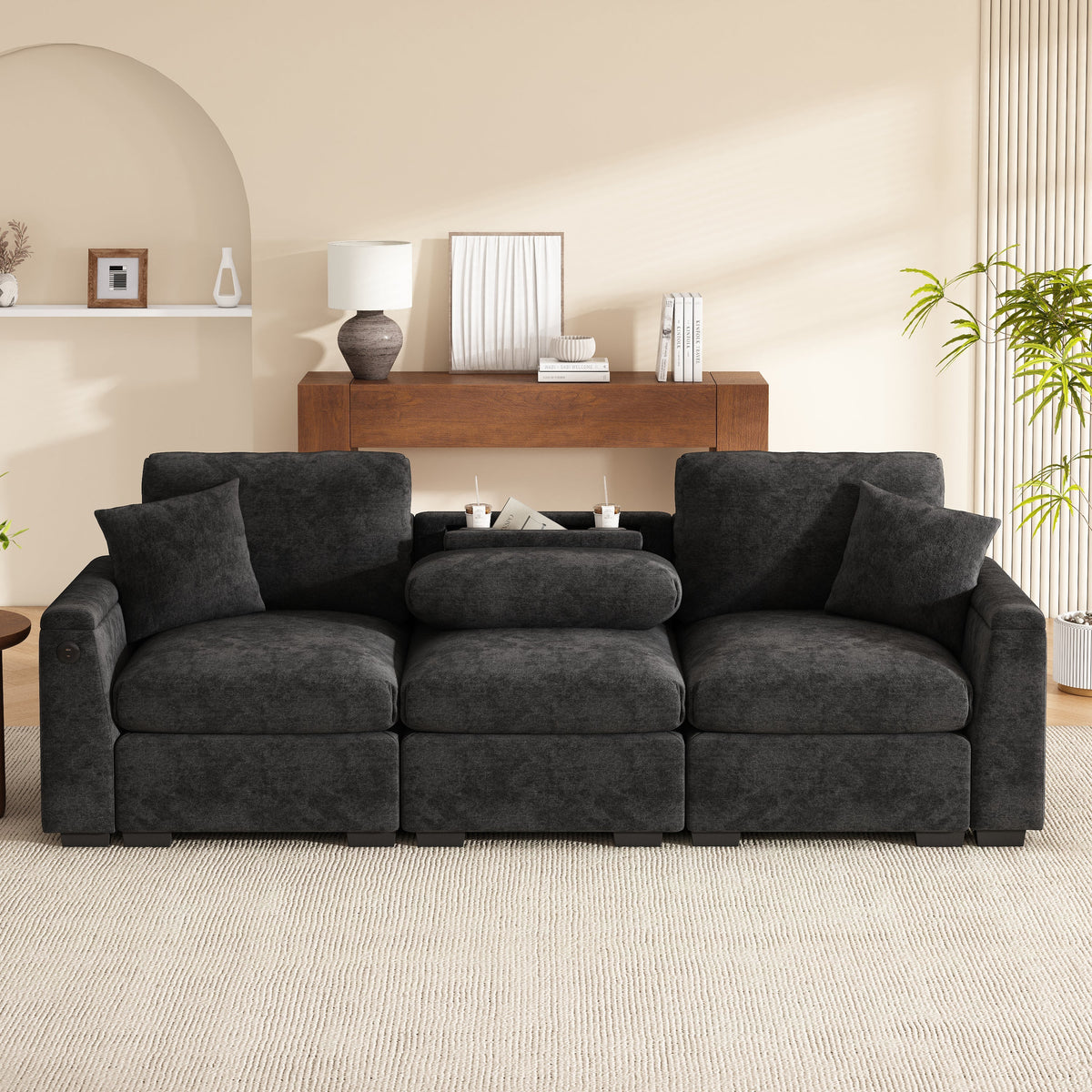 Three-Seater Sofa Multifunctional Folding Table USB Storage - Chenille