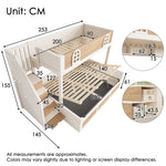 Children's Bunk Bed with Hydraulic Storage and Staircase Wardrobe, 90x200 and 140x200 cm, White and Natural Wood