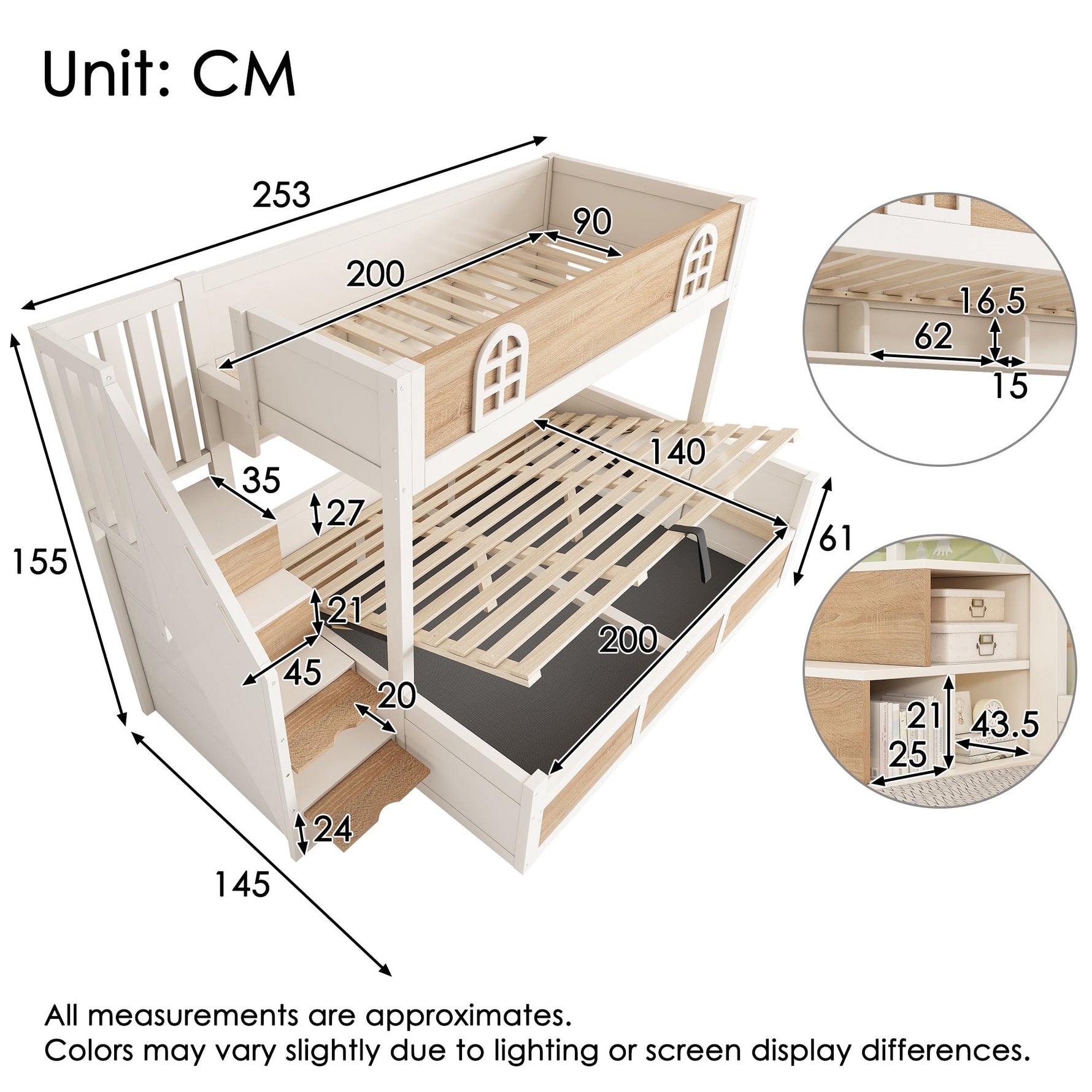 Children's Bunk Bed with Hydraulic Storage and Staircase Wardrobe, 90x200 and 140x200 cm, White and Natural Wood
