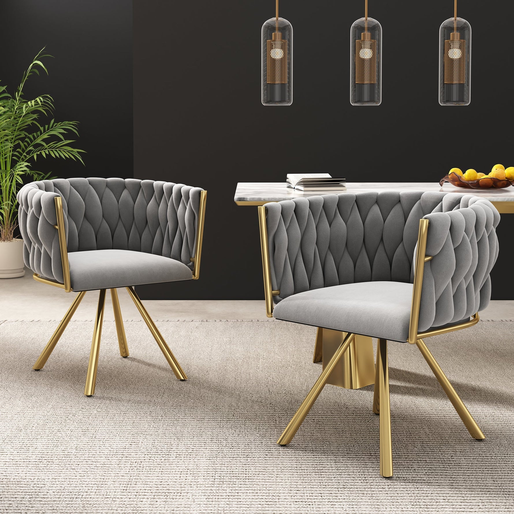 Velvet Dining Chair Set of 2 Swivel Metal Legs - Grey and Gold