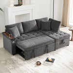 Modern L-shaped Sofa Bed, Pull-out Storage USB Charger Armrest Shelf, Grey