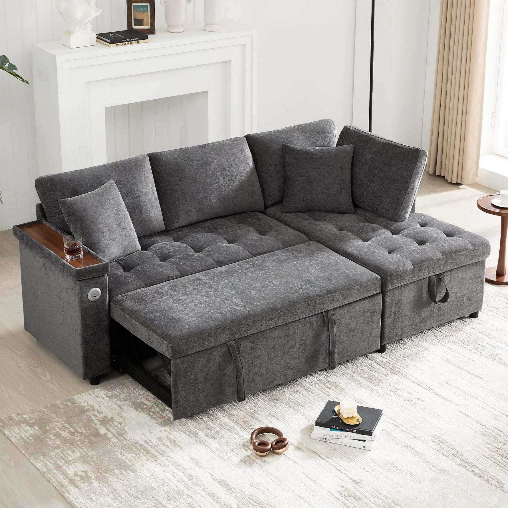 Modern L-shaped Sofa Bed, Pull-out Storage USB Charger Armrest Shelf, Grey