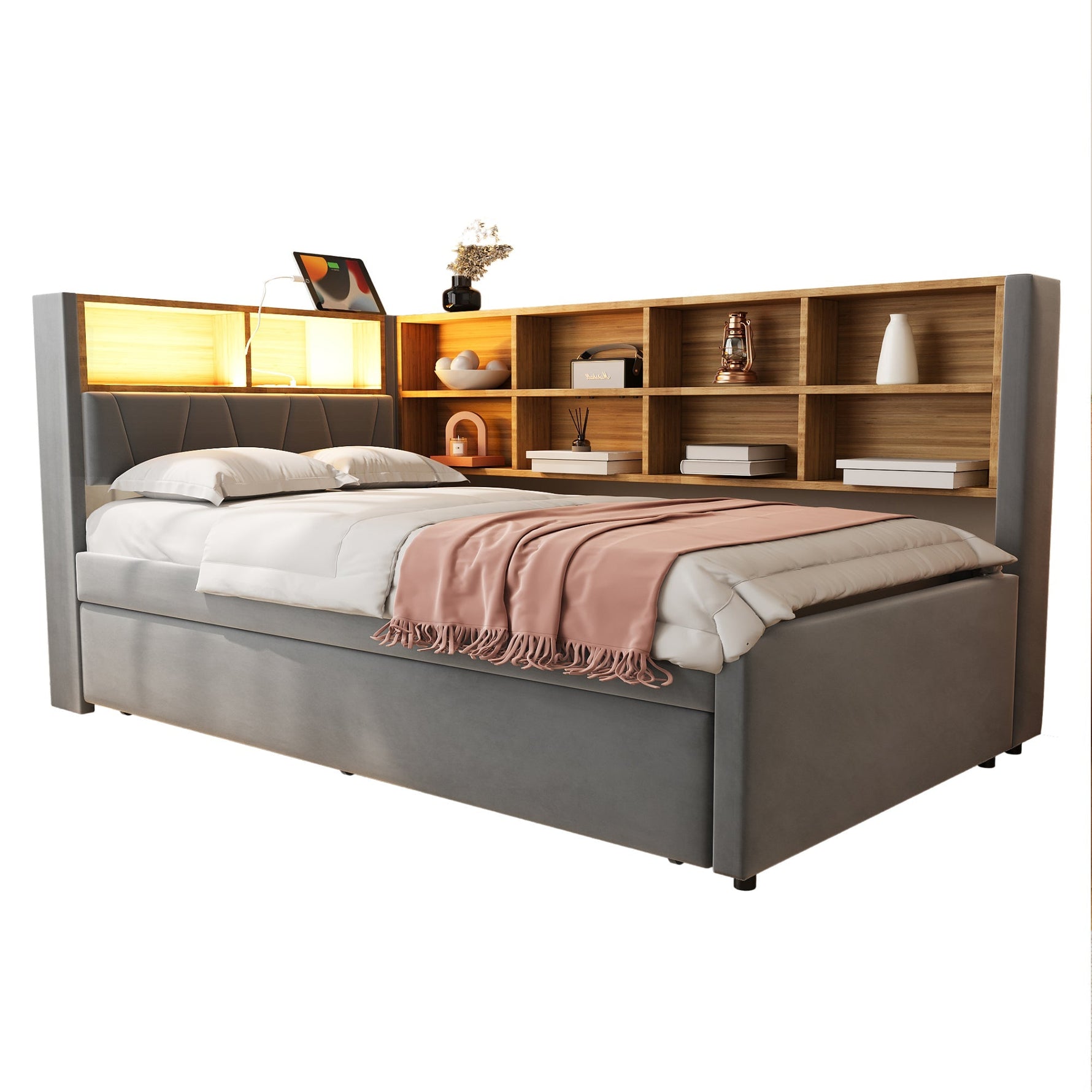 Sofa Bed 90x200 Pull-out LED Storage Flannel Dark Grey