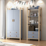 Double-Door Wardrobe Combination Set with Clothes Rail and Drawers, Spruce Wood, Blue/Natural Wood, 180cm
