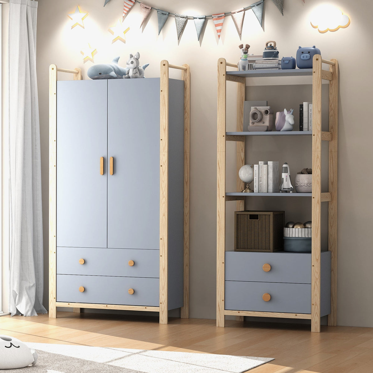 Double-Door Wardrobe Combination Set with Clothes Rail and Drawers, Spruce Wood, Blue/Natural Wood, 180cm