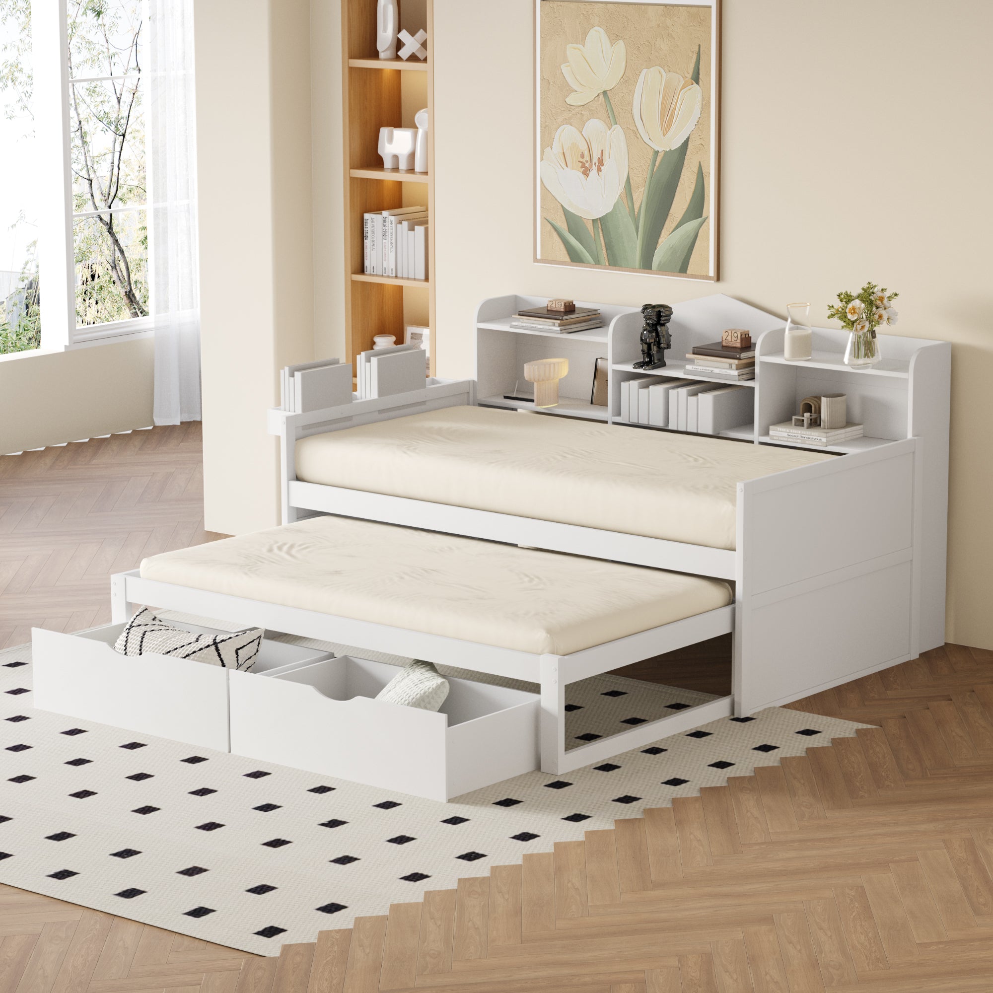 Sofa Bed 90*200, Pull-Out 90*190, 2 Drawers, Storage, USB Socket, Wooden, White