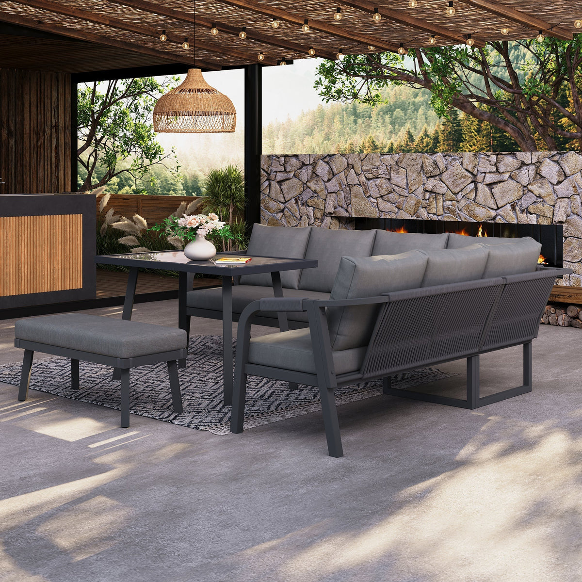 Garden Dining Set with Corner Sofa, Table and Bench, Seats 8, Grey Woven Steel
