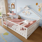 Children's Flatbed with House Rail and Locking Railing, 140x190 cm, White Pine Wood