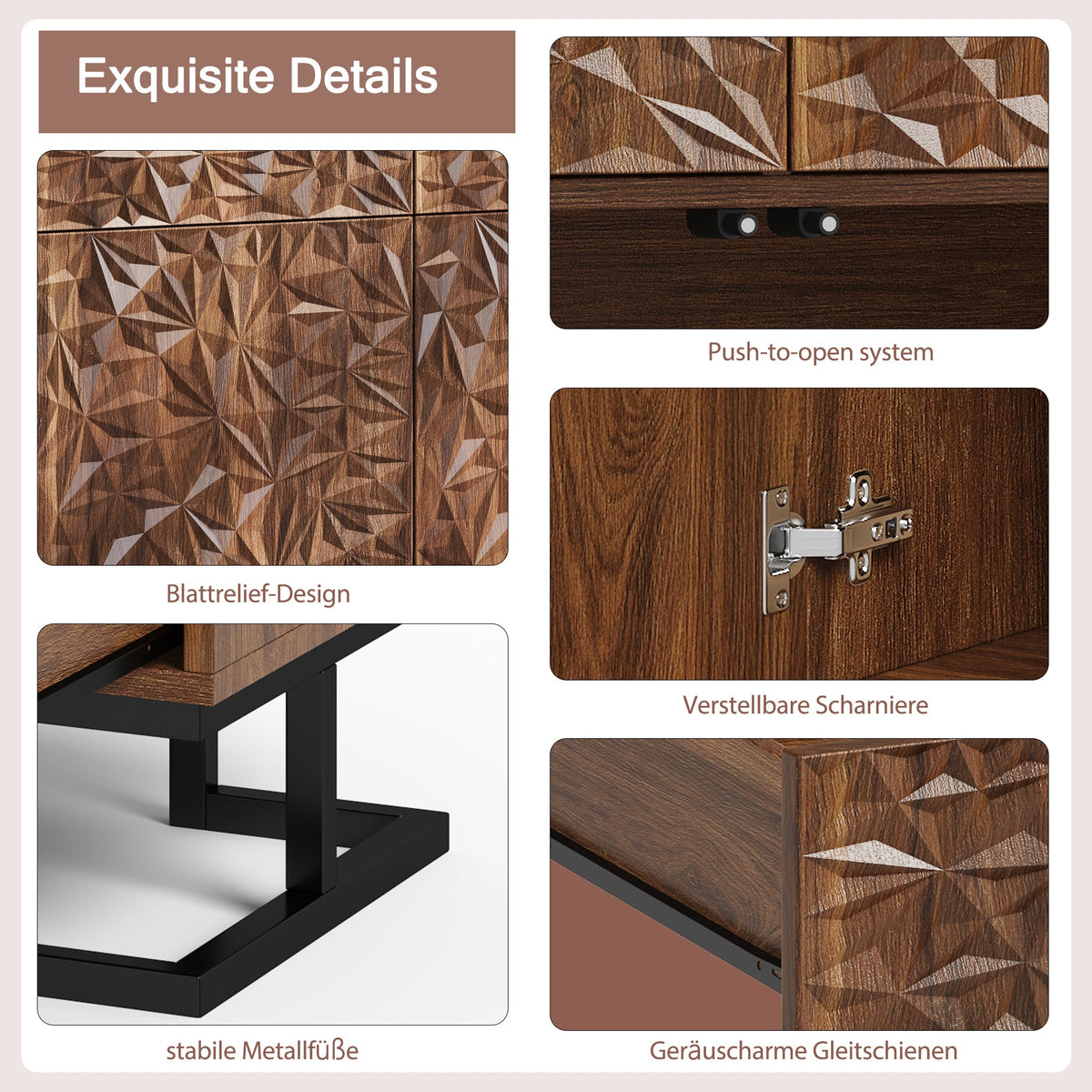 Sideboard/Chest of Drawers, 80×40×78cm, 2 Doors & 2 Drawers, Leaf Relief, Dark Walnut Look