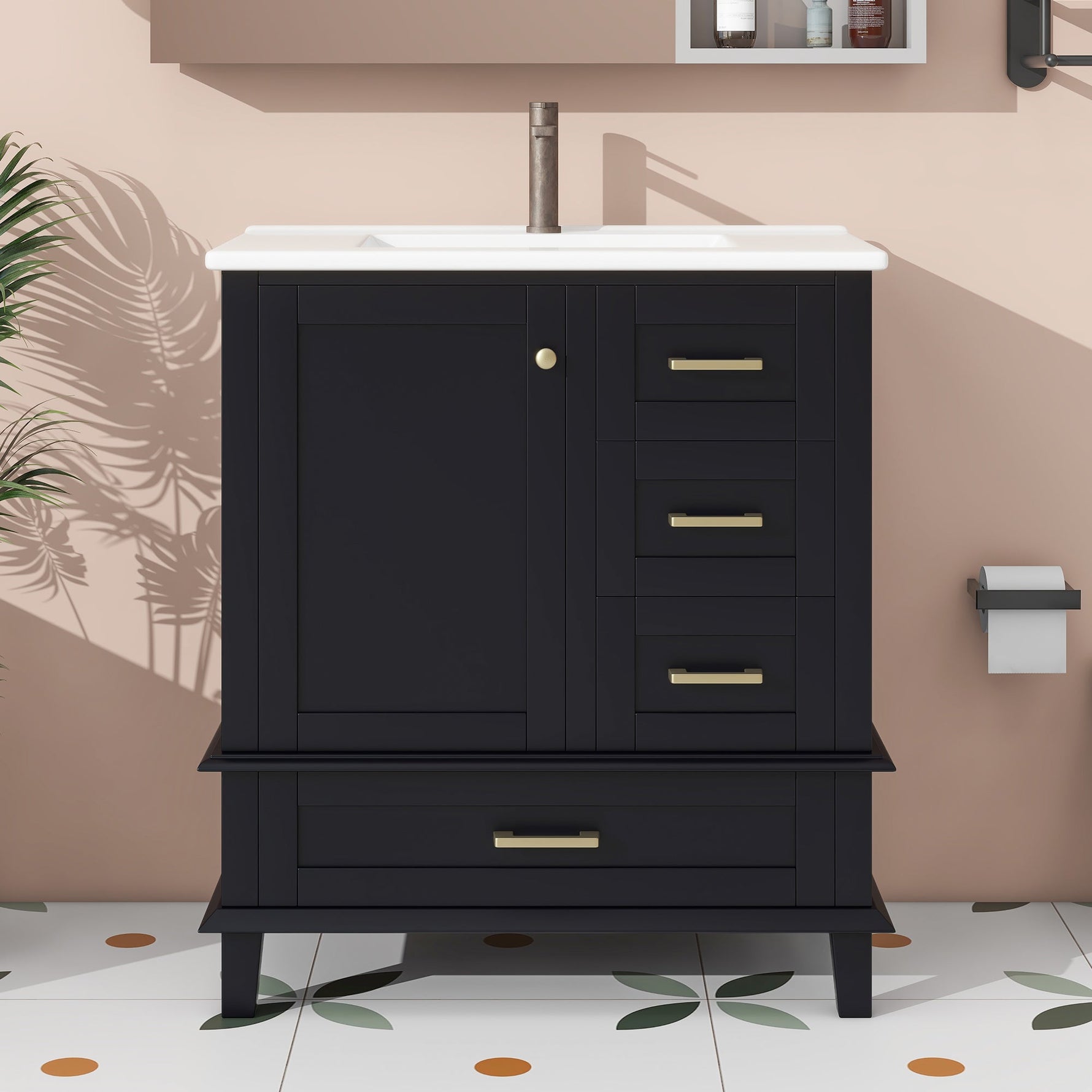 Bathroom Cabinet with Ceramic Sink and Silent Drawers, Black