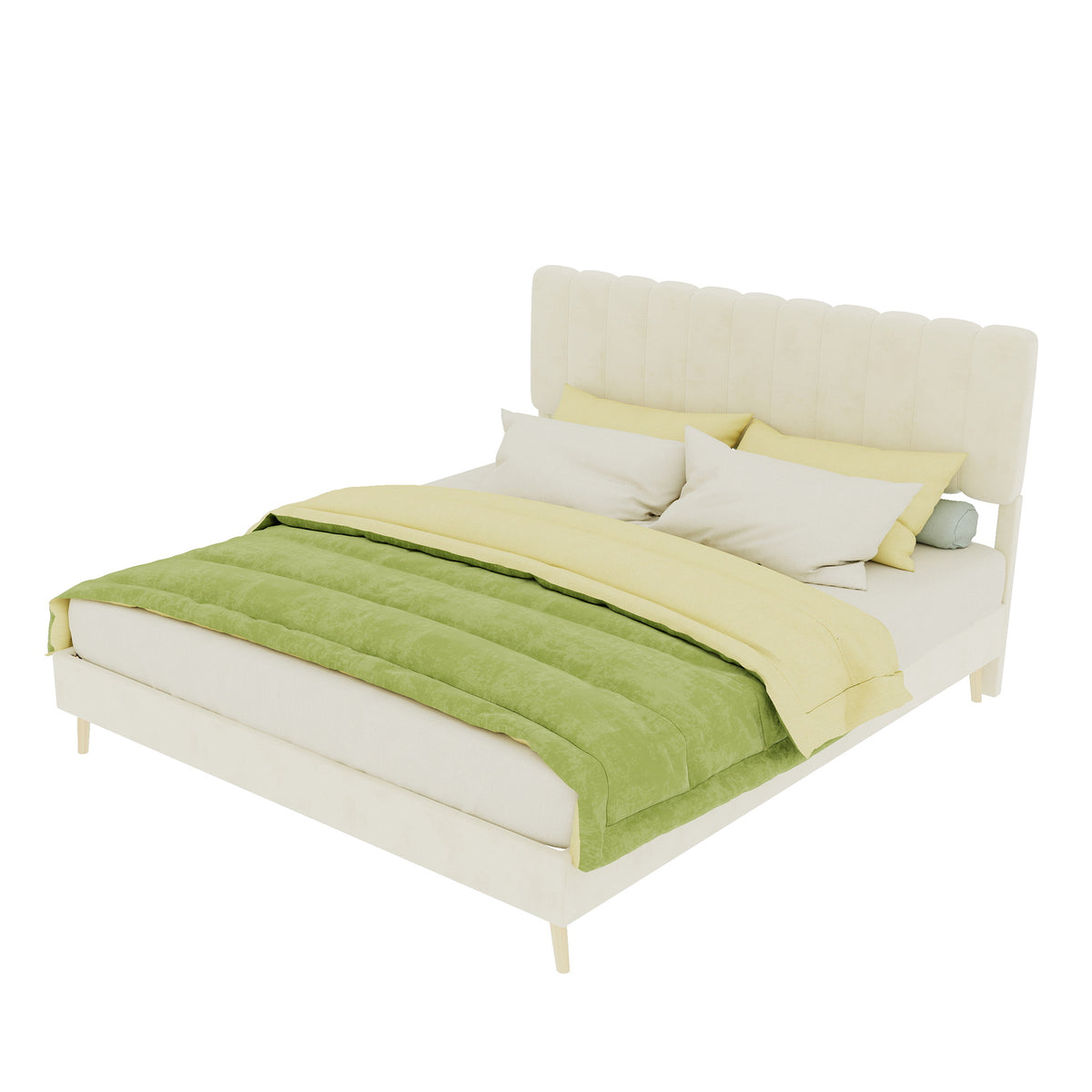 Upholstered Bed 160x200cm with Soft Headboard & Mattress, Beige
