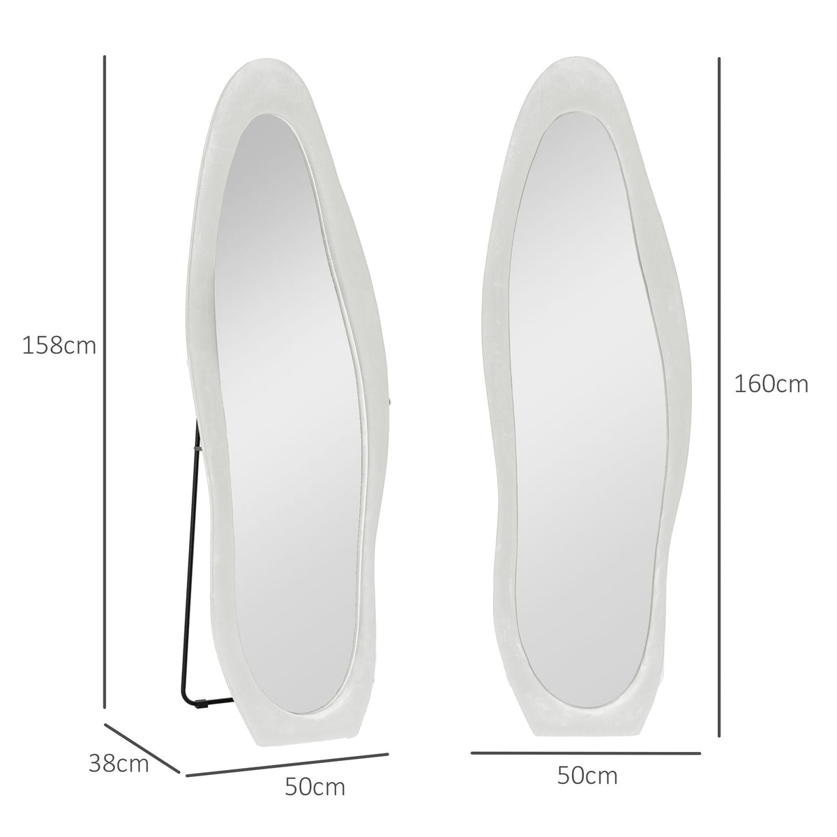 Full Length Mirror, 50 x 160 cm, Irregular Wavy, White Velvet