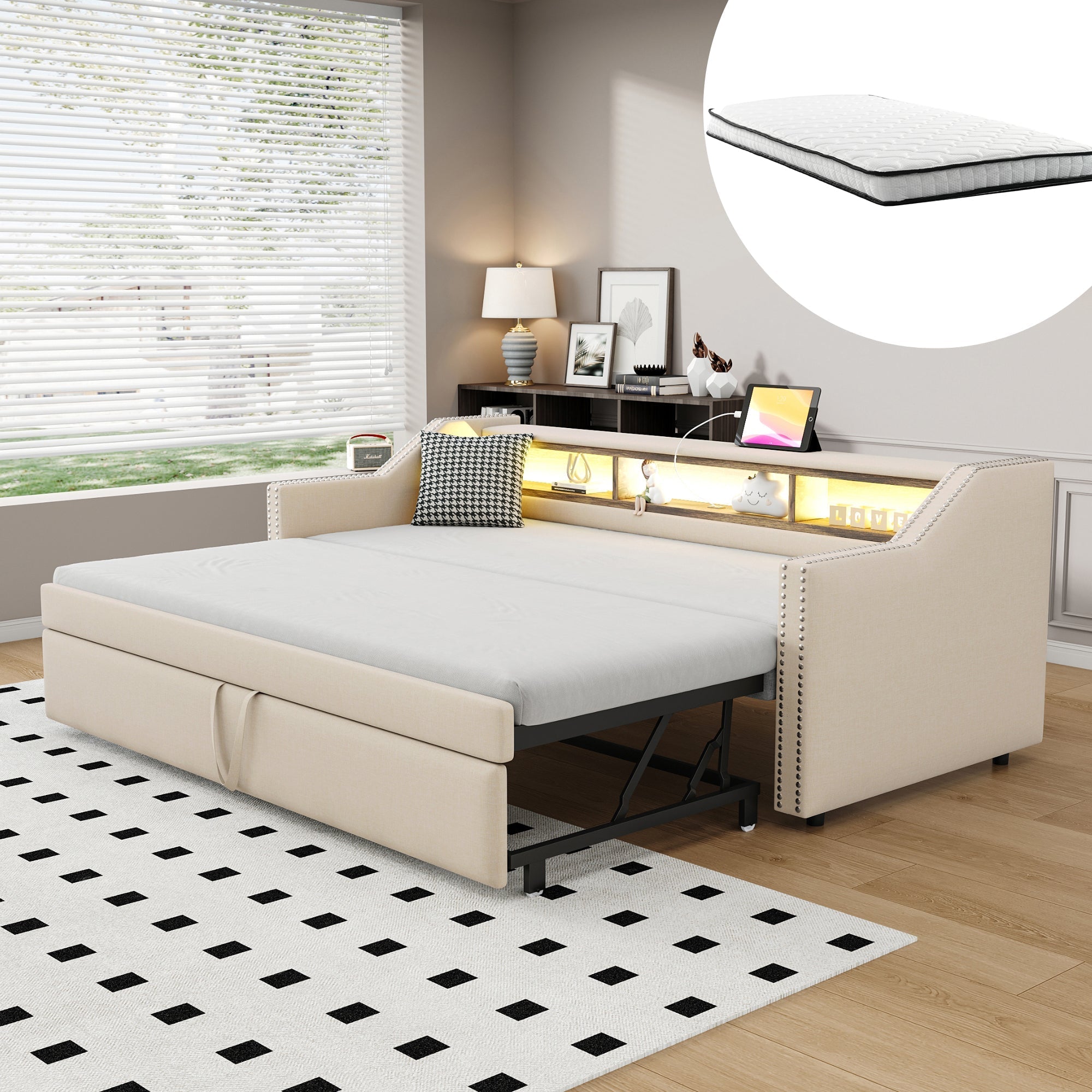 Upholstered Extendable Sofa Bed 90/180x190cm Storage LED USB - Beige
