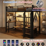 Loft Bed 90x200 with Desk, Shelves & LED Light, Black Iron Frame