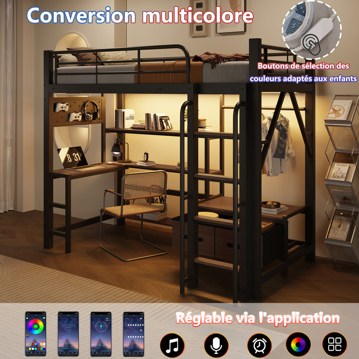 Loft Bed 90x200 with Desk, Shelves & LED Light, Black Iron Frame