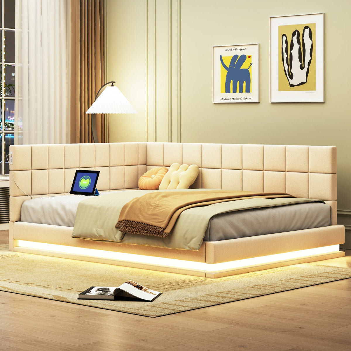 Upholstered Bed Sofa, 140x200 Multifunctional with LED & USB, Velvet Beige
