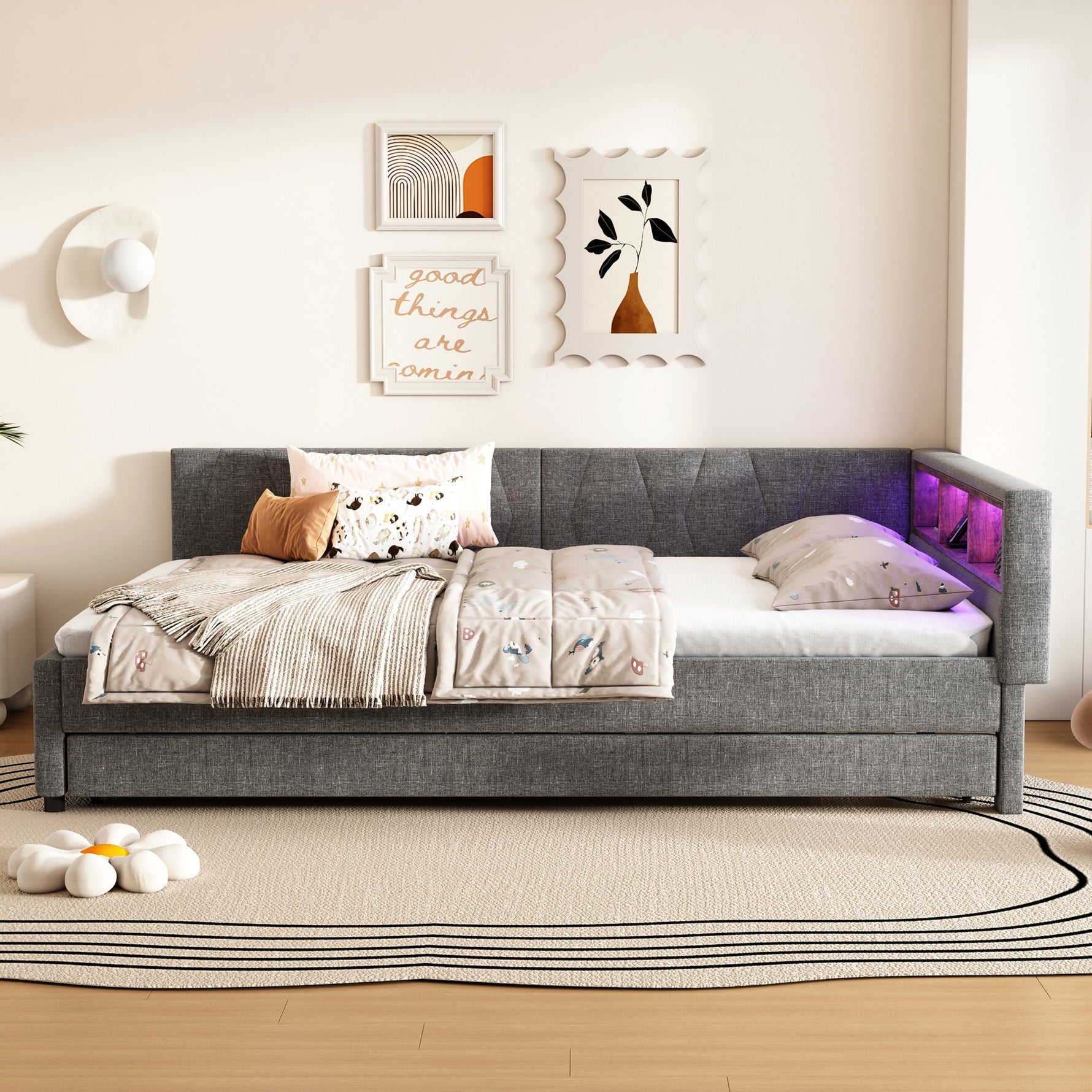 Daybed 140x200cm with Pull-out Bed, Storage, USB and LED, Grey Linen