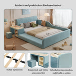 Upholstered Single Bed with Desk, Stool, Storage Shelf, Soft Headboard, 140x200cm, Velvet Blue