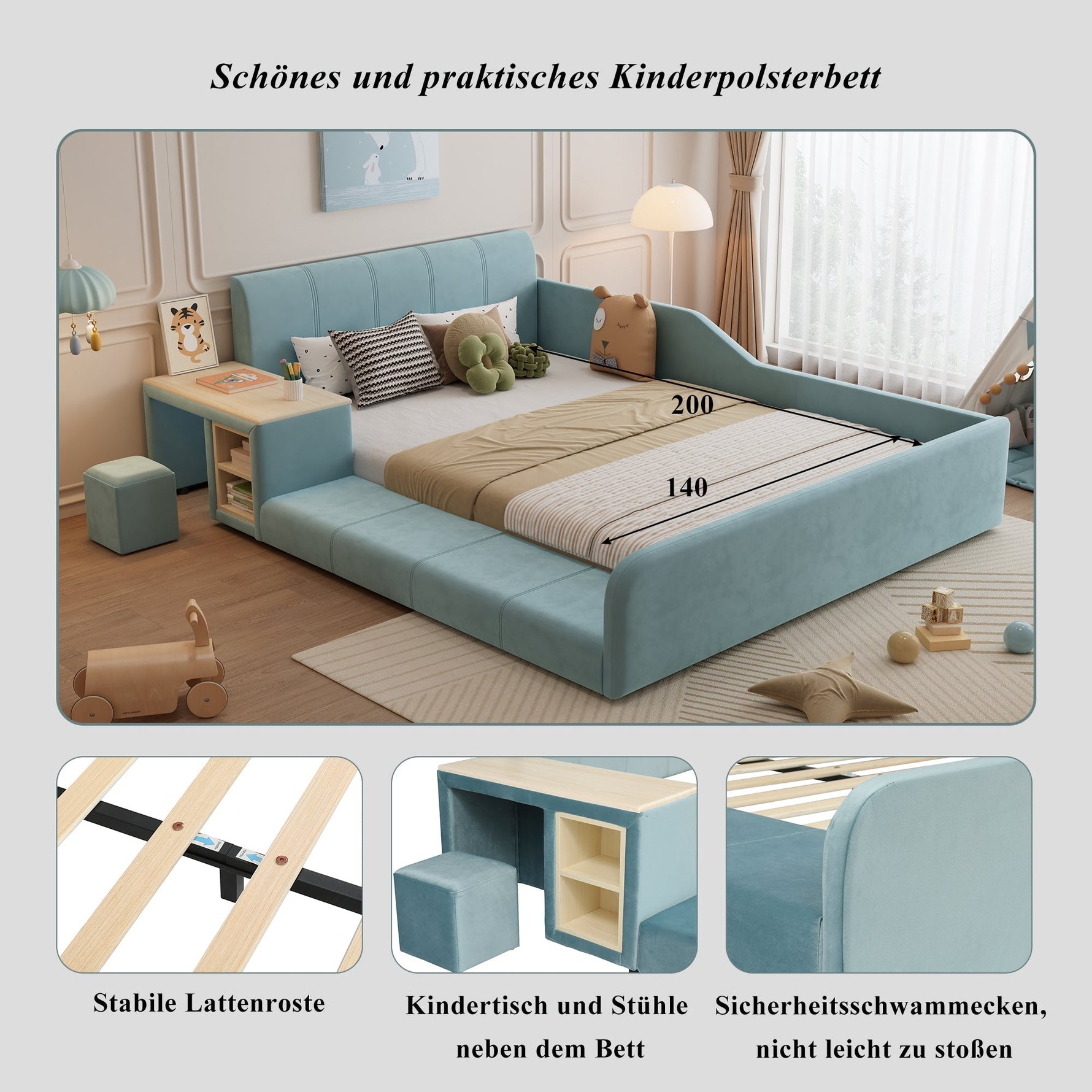 Upholstered Single Bed with Desk, Stool, Storage Shelf, Soft Headboard, 140x200cm, Velvet Blue