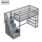 Loft Bed with Wardrobe, Shelves, Storage, Ladder, 90 x 200, Solid Wood, Grey