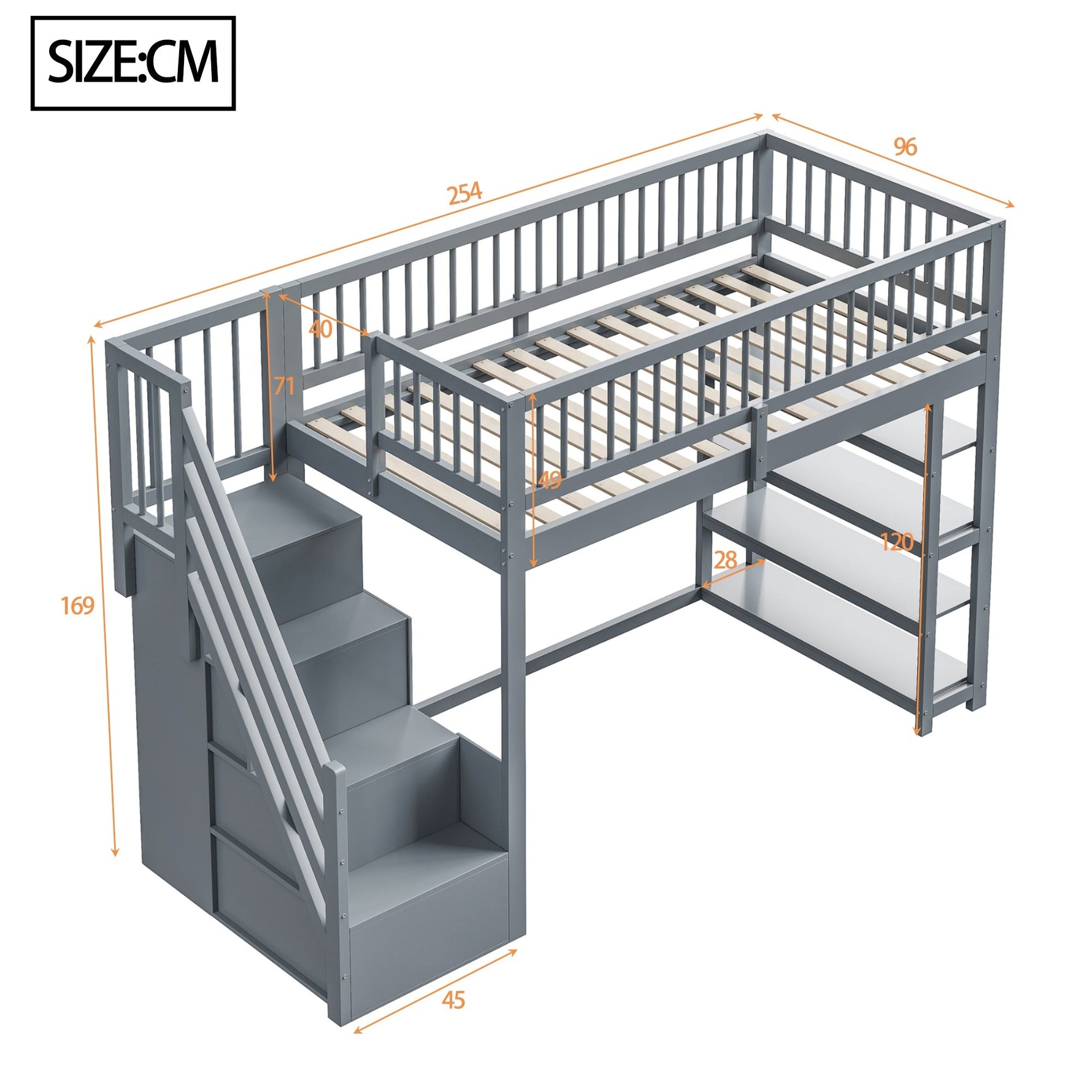 Loft Bed with Wardrobe, Shelves, Storage, Ladder, 90 x 200, Solid Wood, Grey