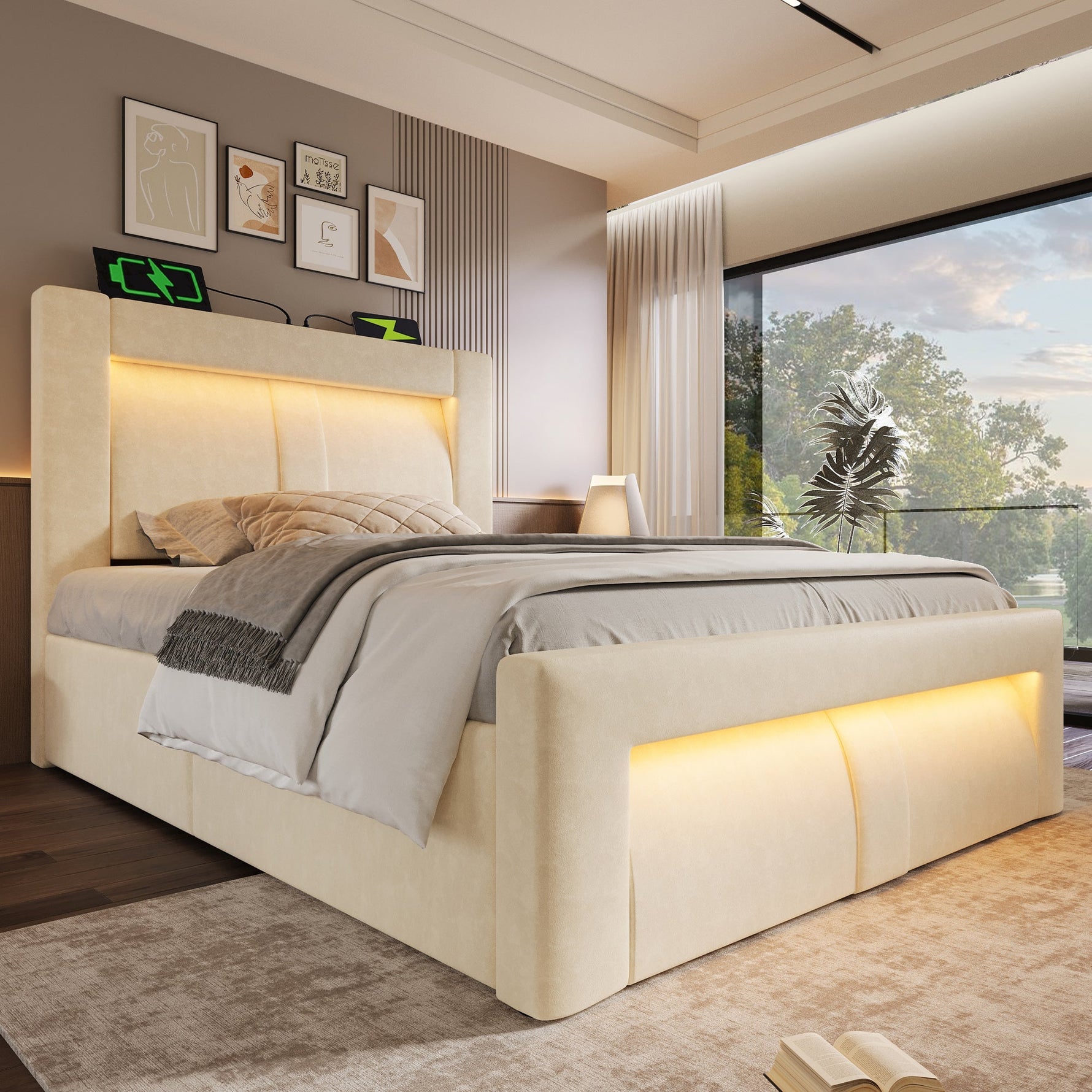 Single Bed 90x200 cm with Hydraulic Storage, LED Lighting, USB Ports and Mattress, Beige Velvet