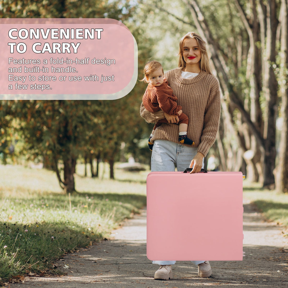Portable Heavy Duty Folding Table 125cm with Handle, Adjustable Height, Multi-Functional for Camping Picnic Parties, 135kg Capacity, Pink