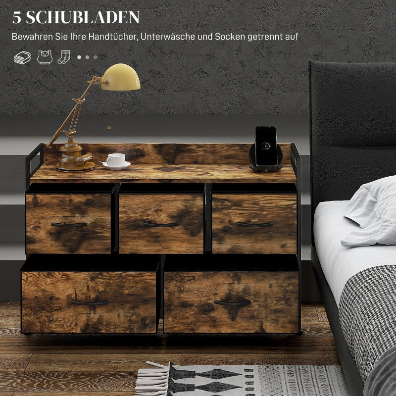 Chest of Drawers, 5-Drawer Fabric, Steel Frame, Rustic Brown