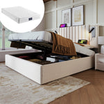 Upholstered Bed 140x200, Double with Storage & Reading Light, Beige Cotton
