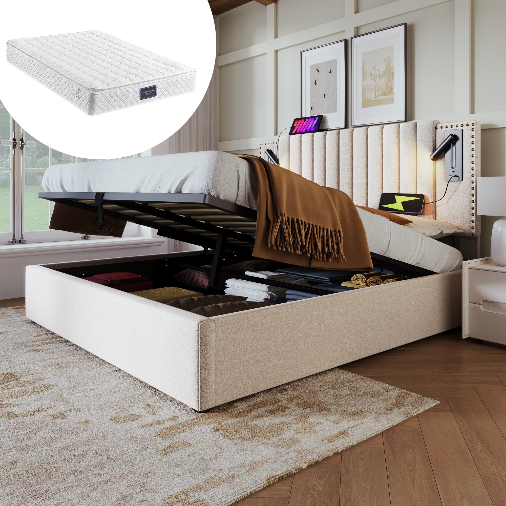 Upholstered Bed 160x200, Double with Storage & Reading Light, Beige Cotton