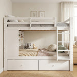 Bunk Bed 90x200 cm with 2 Drawers, Shelf & Ladder, White Wood