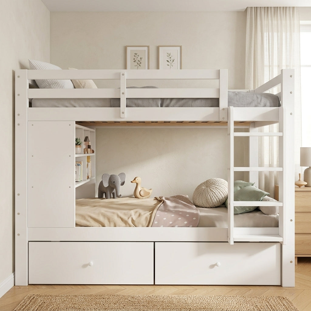 Bunk Bed 90x200 cm with 2 Drawers, Shelf & Ladder, White Wood