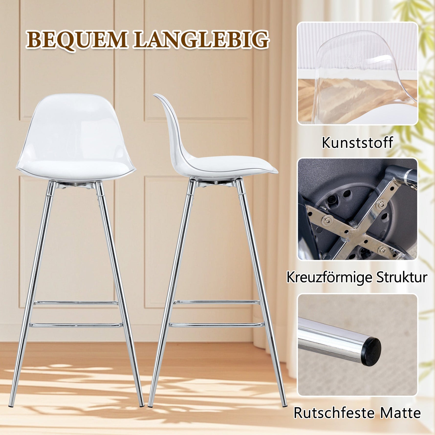 Flexible Bar Set Round Glass Table 89cm 2 Stools - Glass/Silver Legs