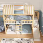 Children's Bunk Bed with Gable Roof, Shelf and 35cm Slide, 90x200cm, White and Natural Wood