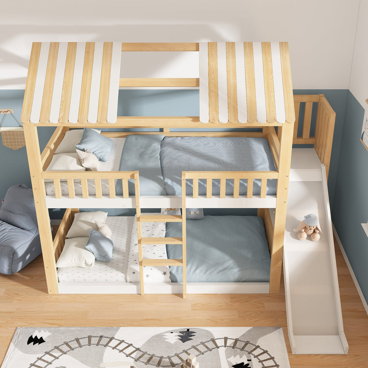 Children's Bunk Bed with Gable Roof, Shelf and 35cm Slide, 90x200cm, White and Natural Wood