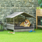 Rattan Dog House with Cushion, Outdoor Kennel, Grey Plastic