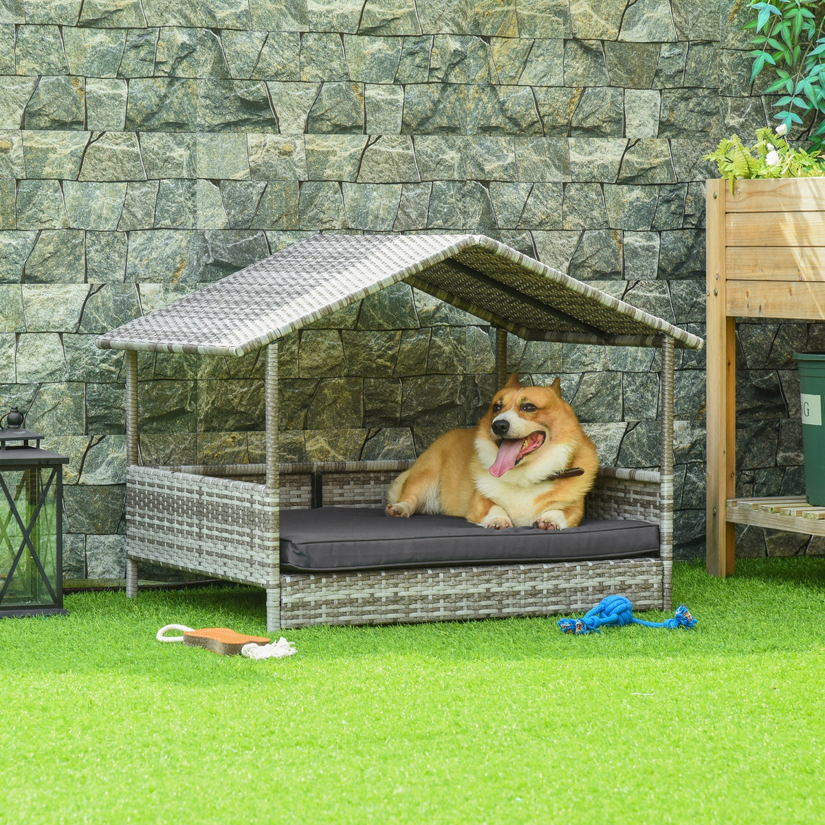 Rattan Dog House with Cushion, Outdoor Kennel, Grey Plastic