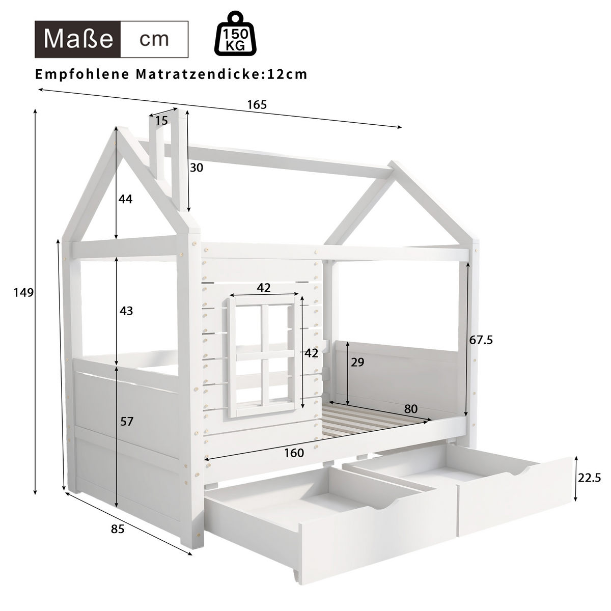 House Bed with Fall Protection, Window and Slatted Base, 80x160cm, White Solid Wood