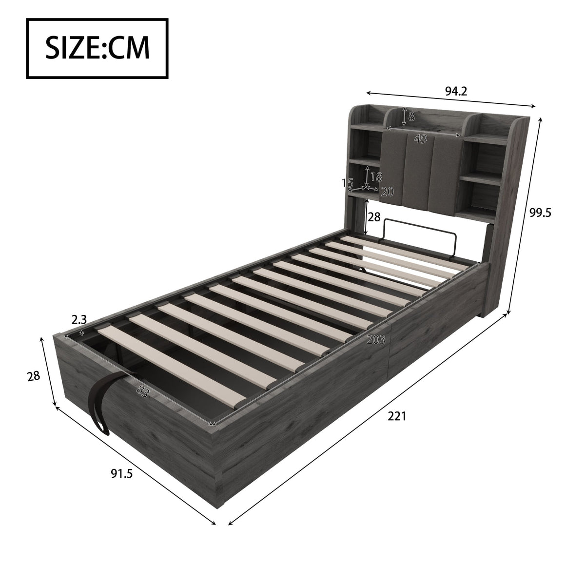 Wooden Bed, 90x200 cm Hydraulic with Storage & USB/Type-C, Grey