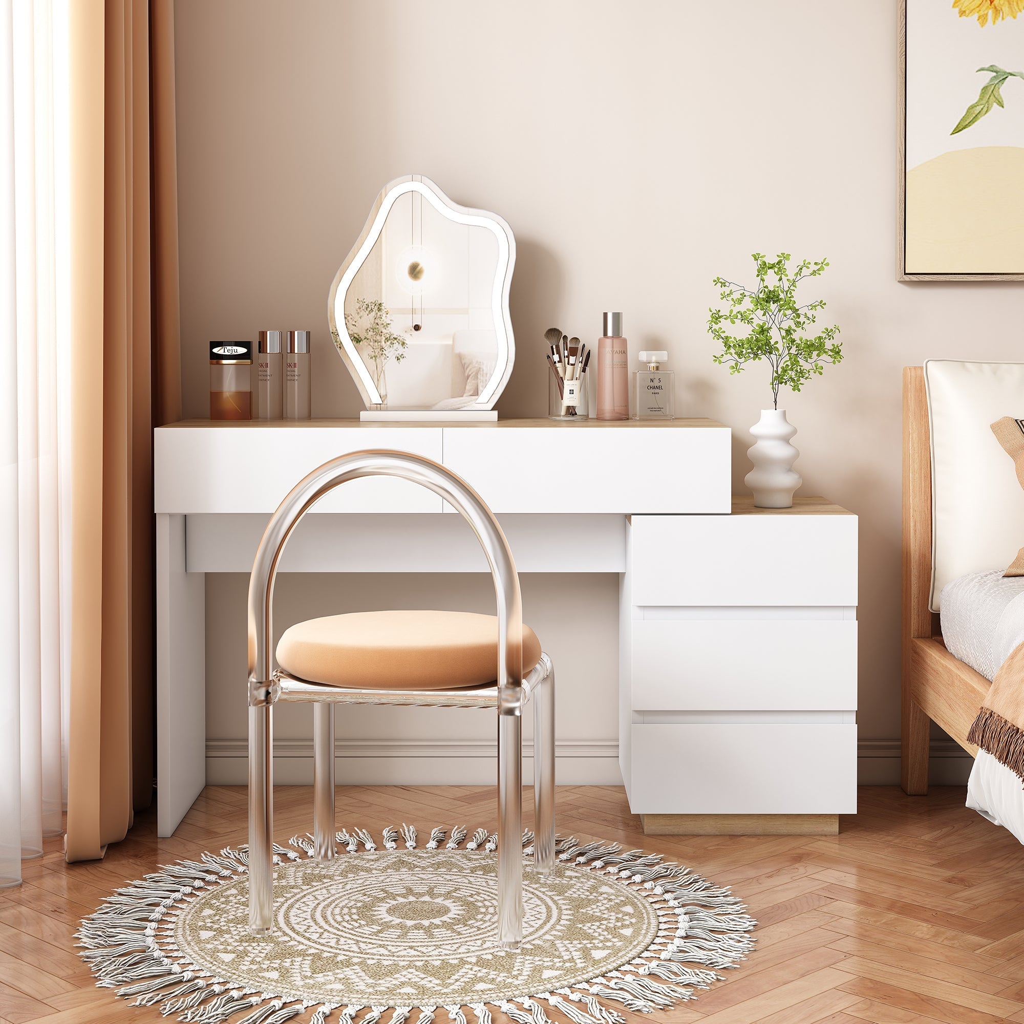 Desk and Dressing Table with 5 Storage Drawers, White and Oak