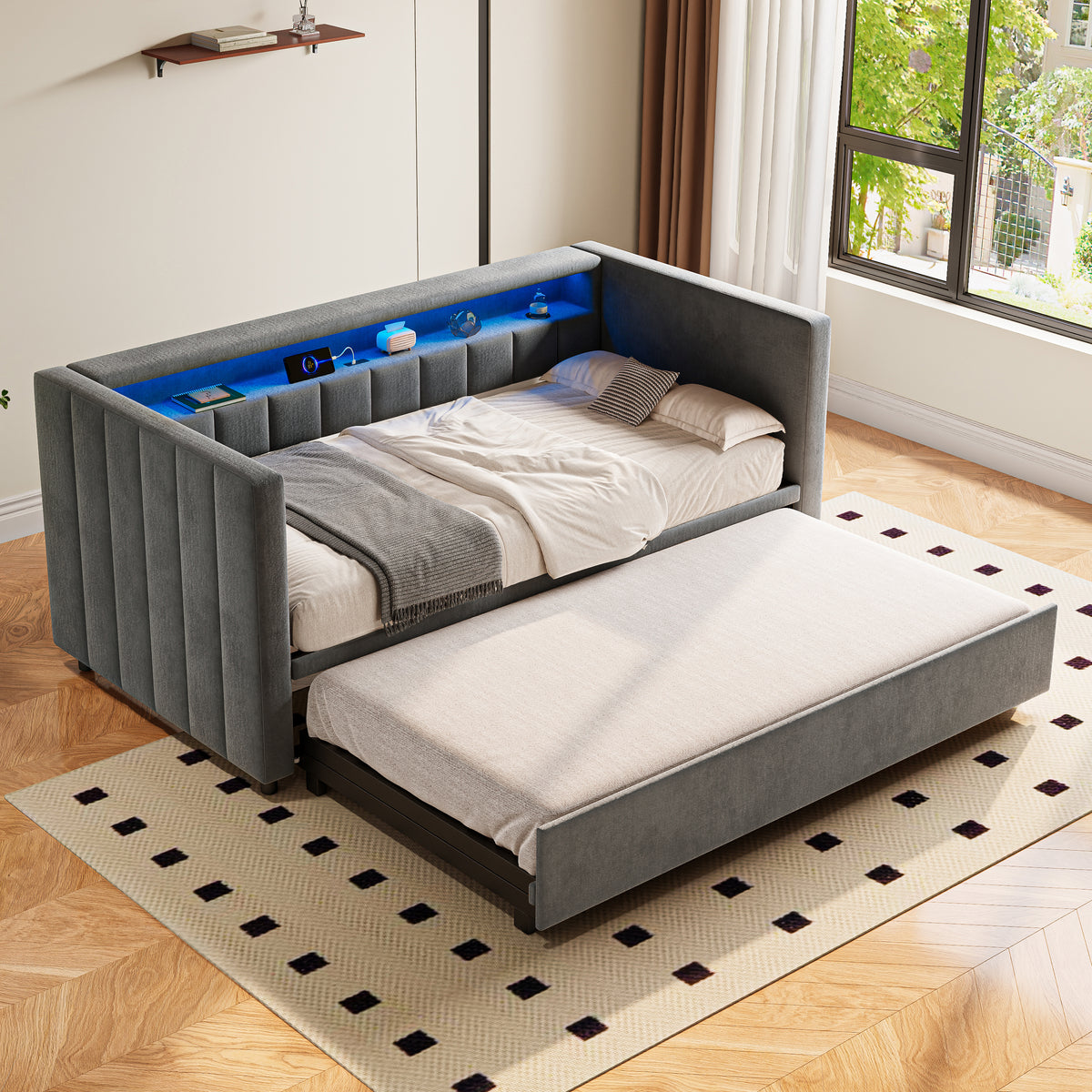 Multifunctional Sofa Bed 90x190cm, Pull-Out & Storage, Gray Velvet