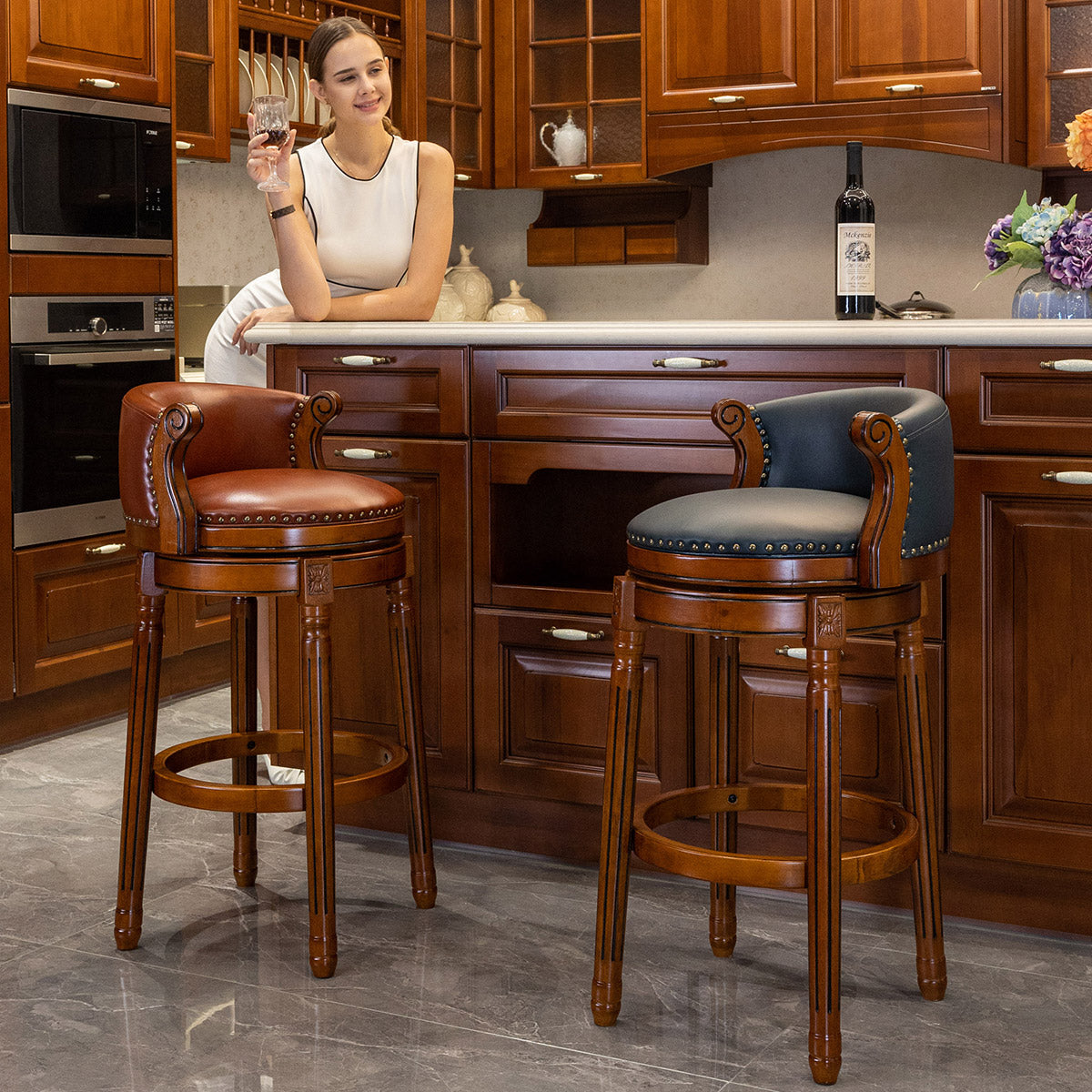 Bar Stools 360° Swivel with Backs Counter/Bar Height - Cow Top Leather & Wood