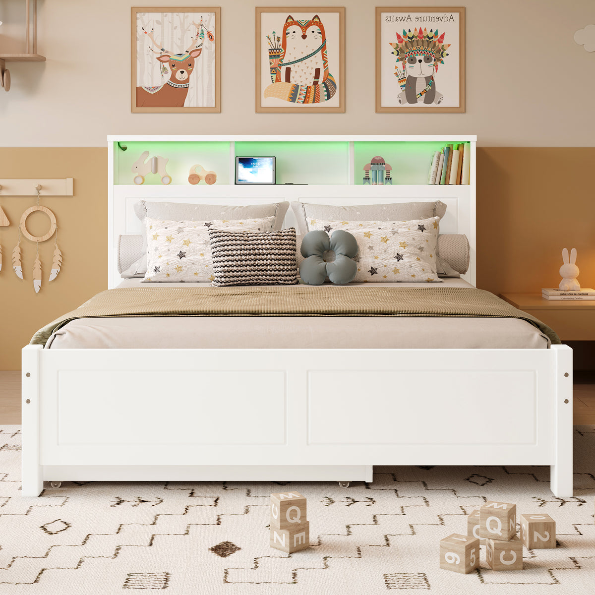 Double Bed with Trundle, Storage & LED Light, White Pine Frame