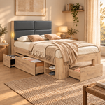 Single Storage Bed 90x200cm with USB & Drawers, Natural Wood