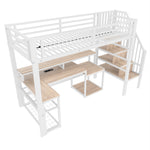 Loft Bed with Desk, LED Light Strip and Storage Staircase, 90 x 200 cm, White Iron Frame